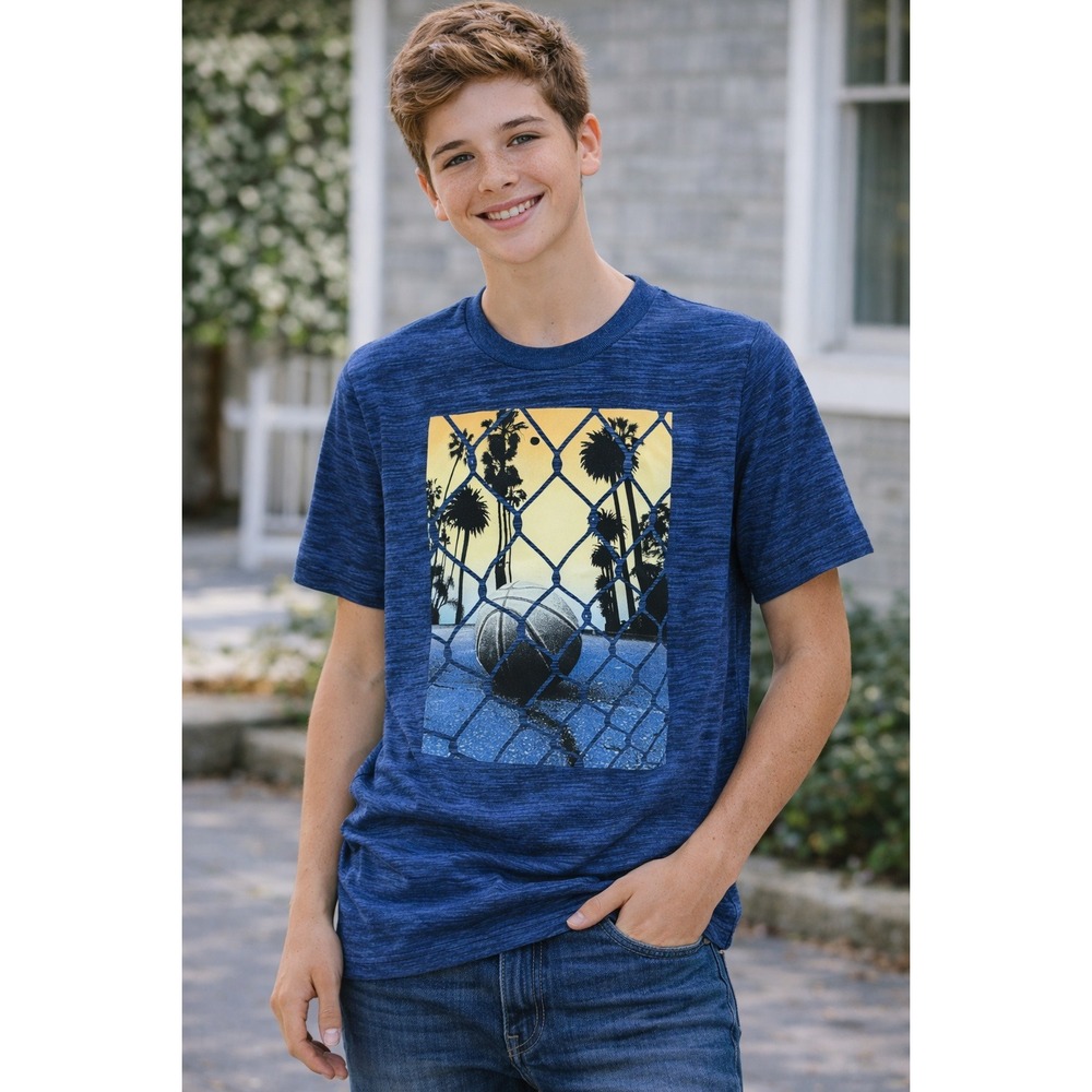 Tek Gear Kids Blue Graphic Tee Basketball Palm Trees Size‎ L